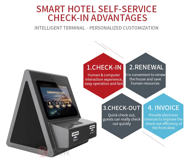 KER Smart Hotel Kiosk Check in and Check out kiosk with credit card payment terminal
